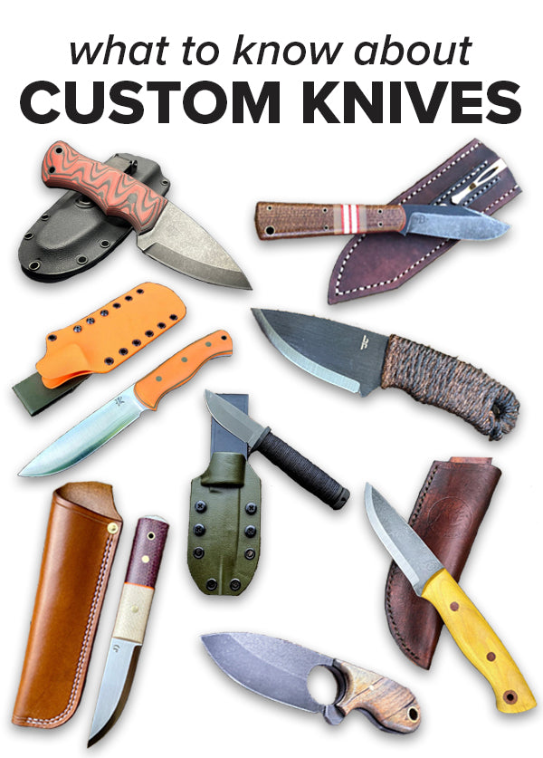 Collage of 5 knives with text "Custom Knives"